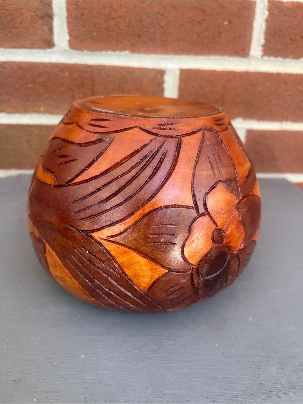 Vintage Hand-Carved Turned Wood Bowl Warm Brown Finish with Fish & Floral Design